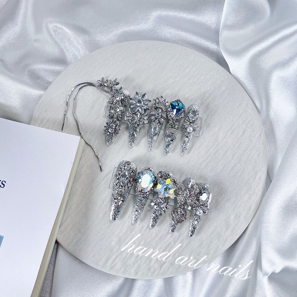 Silver Ice Blue Rhinestone Handmade Press On Nails