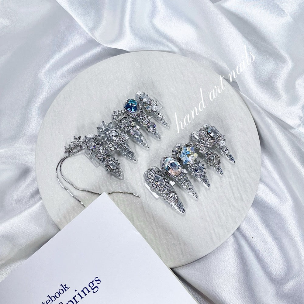Silver Ice Blue Rhinestone Handmade Press On Nails