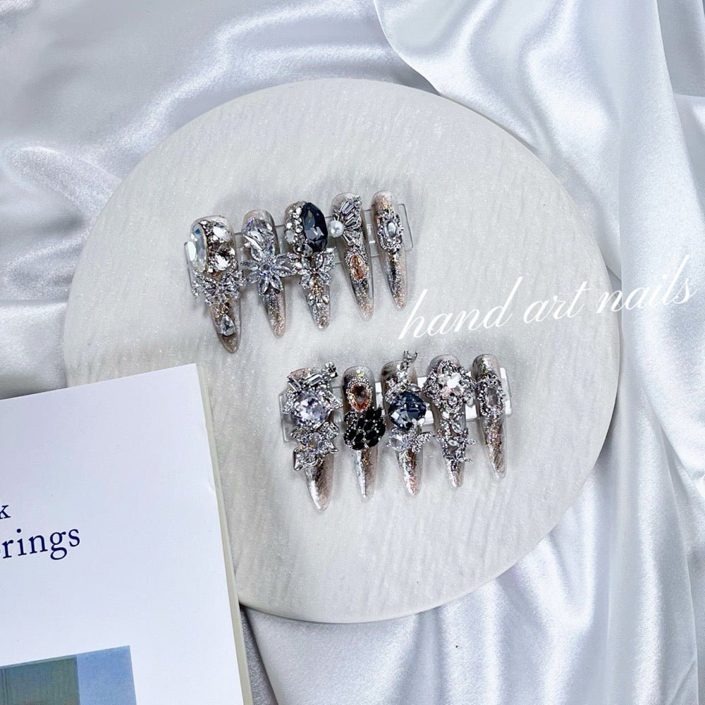 Smoky Silver Gothic Crystal Handmade Press On Nails