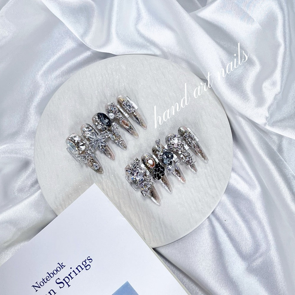 Smoky Silver Gothic Crystal Handmade Press On Nails