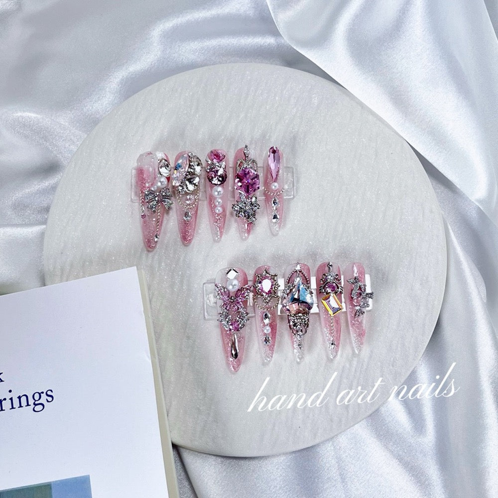 Soft Pink Crystal Bow Handmade Press On Nails