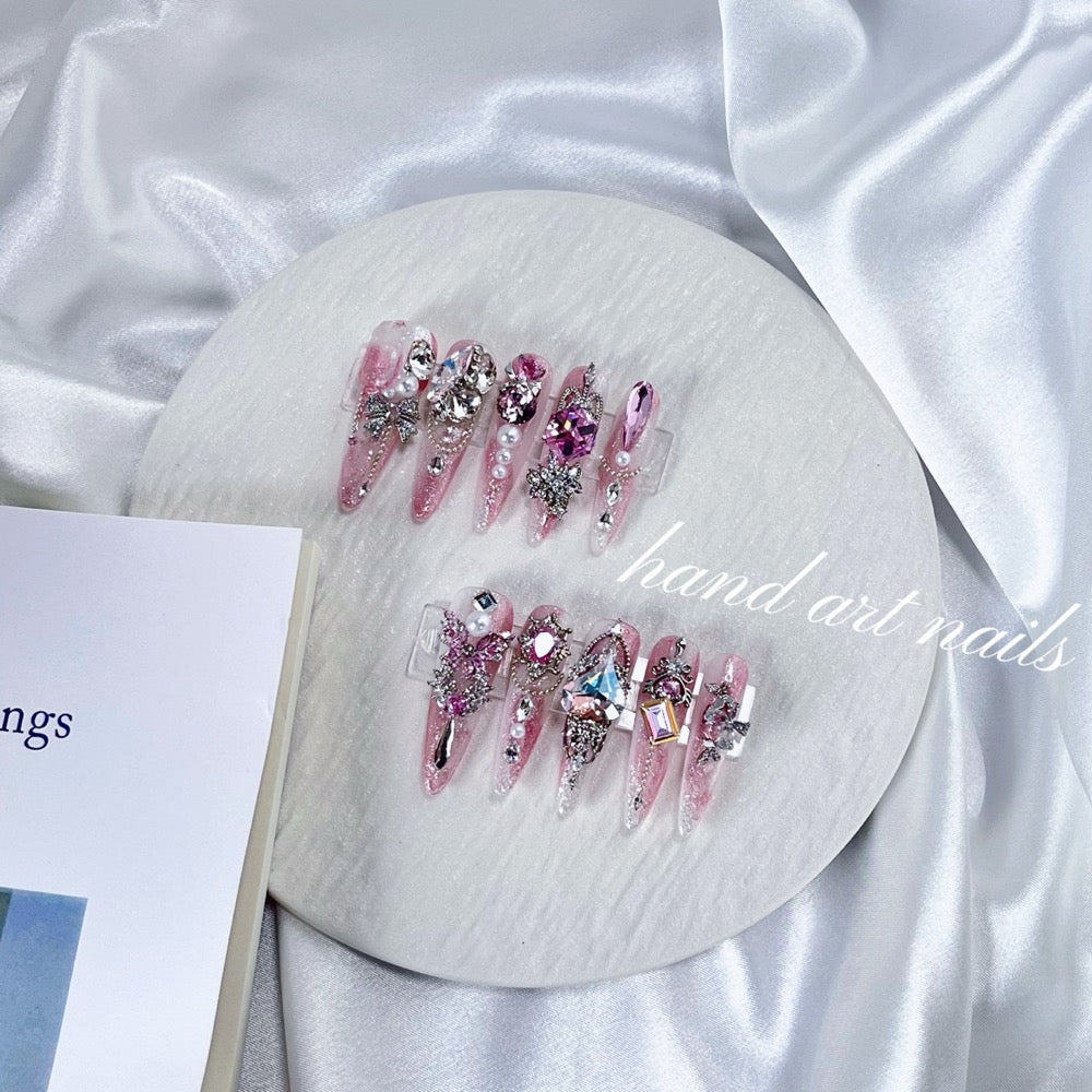 Soft Pink Crystal Bow Handmade Press On Nails