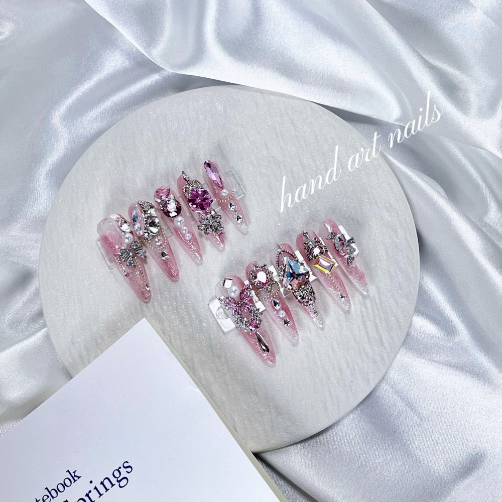 Soft Pink Crystal Bow Handmade Press On Nails