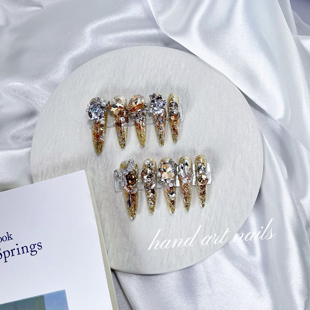 Champagne Gold Crystal Handmade Press On Nails