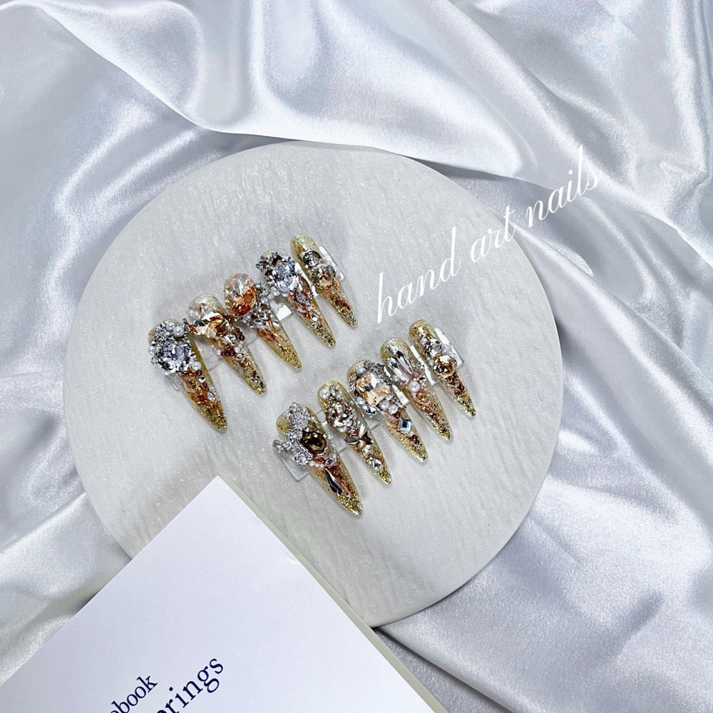 Champagne Gold Crystal Handmade Press On Nails
