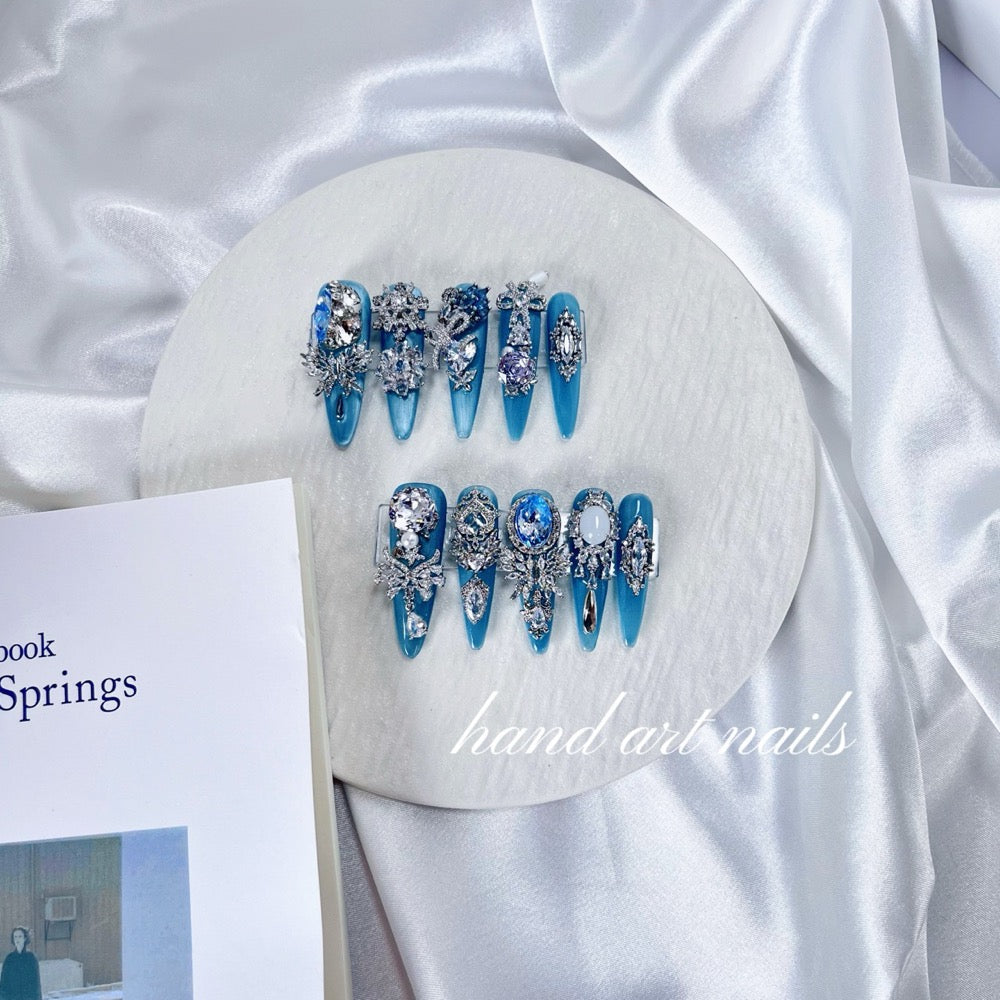 Ocean Blue Crystal Handmade Press On Nails