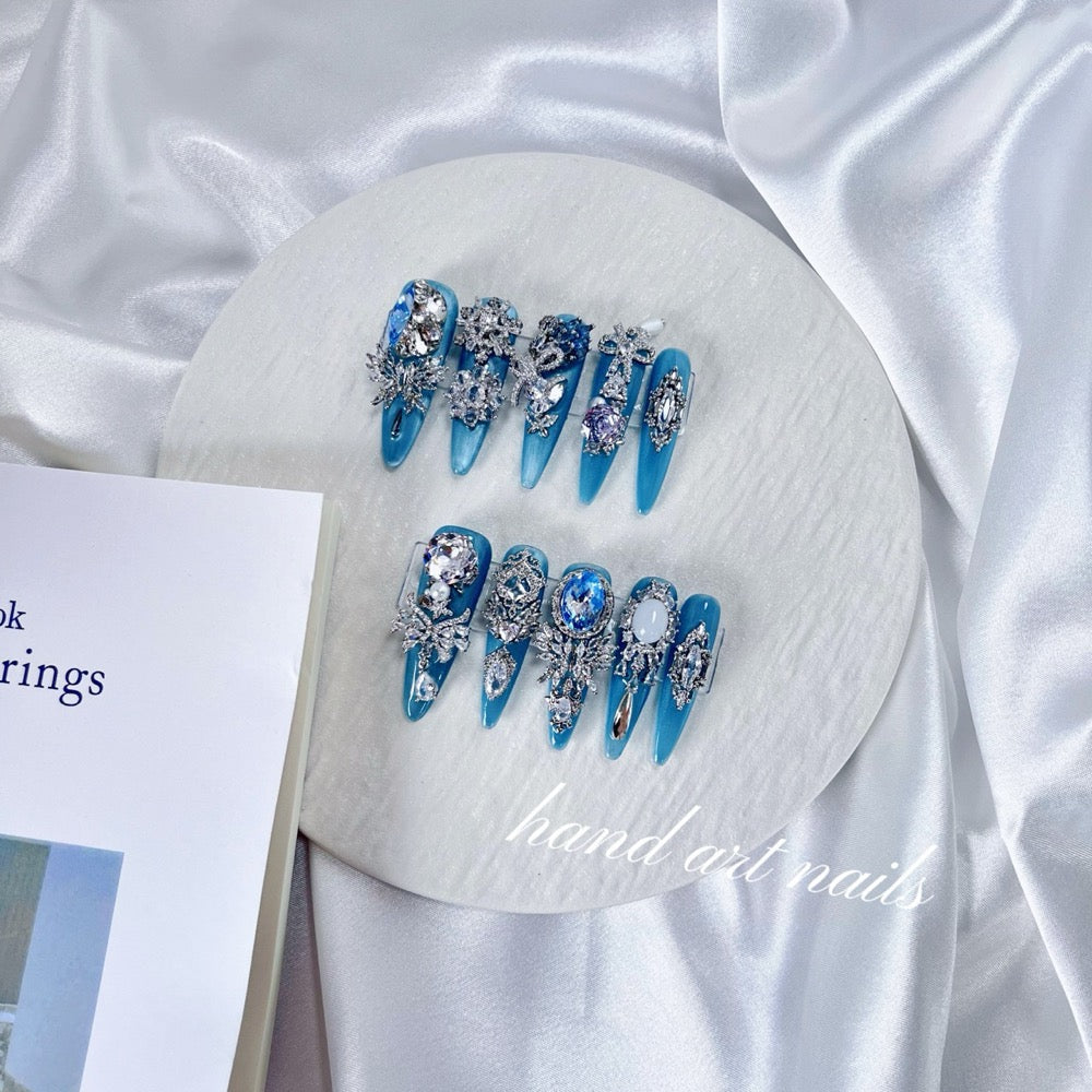 Ocean Blue Crystal Handmade Press On Nails