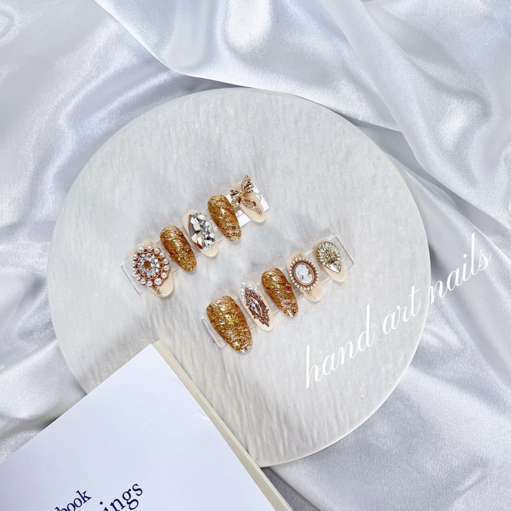 Amber Gold Pearl Handmade Press On Nails