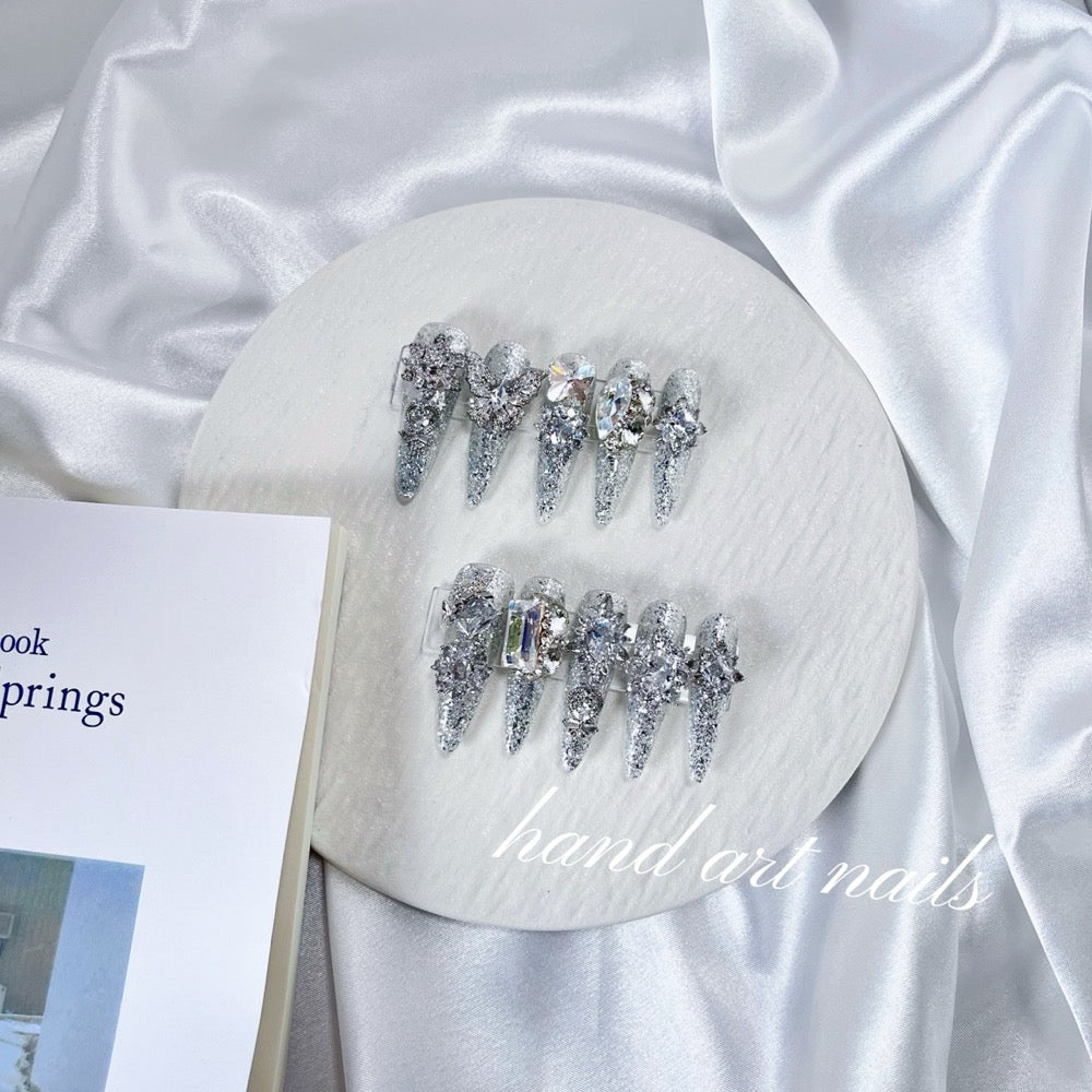 Silver Diamond Frost Handmade Press On Nails