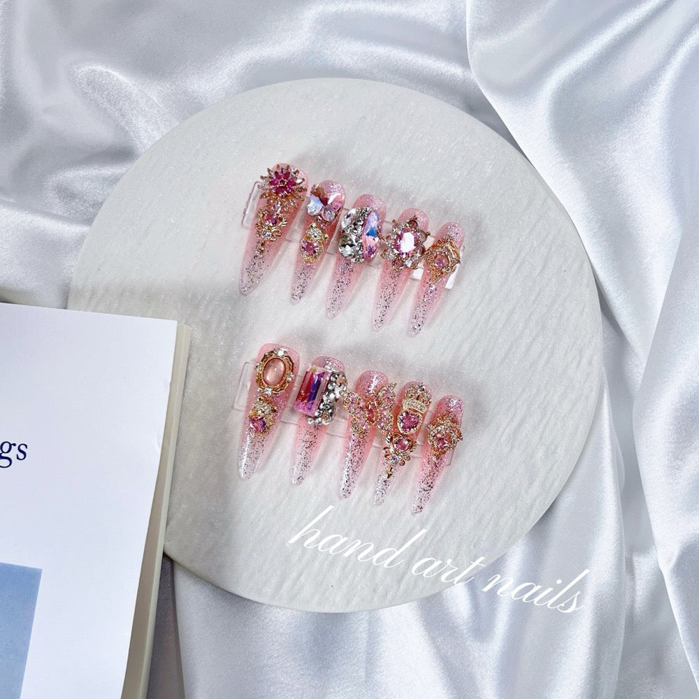 Blush Pink Butterfly Crystal Handmade Press On Nails