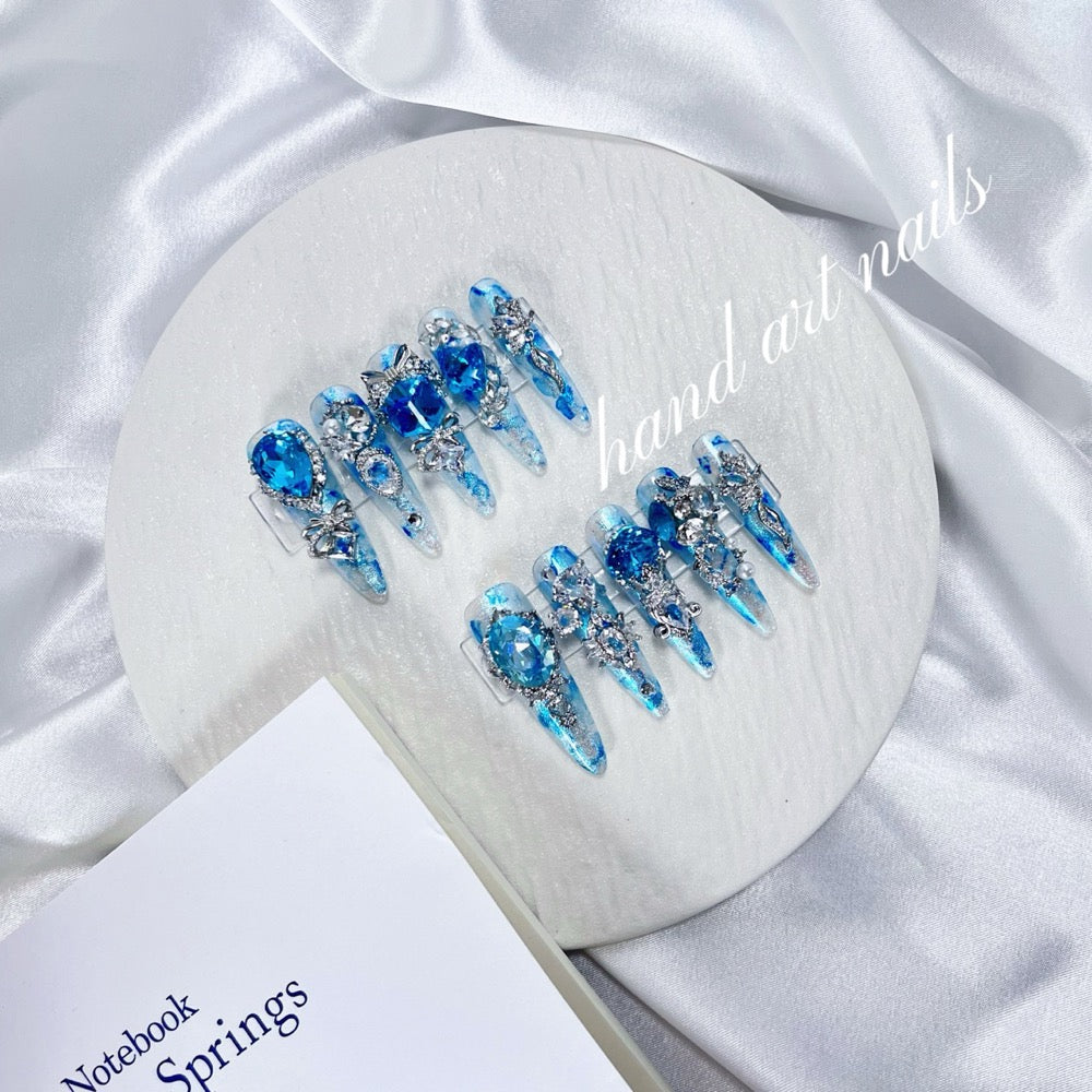 Electric Blue Crystal Luxury Handmade Press On Nails