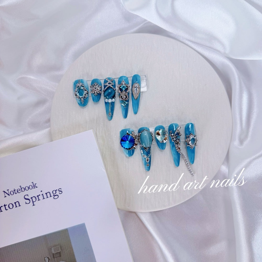 Turquoise Blue Gem Handmade Press On Nails