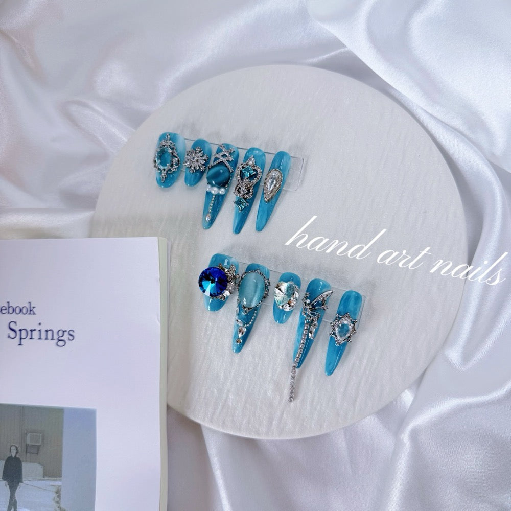 Turquoise Blue Gem Handmade Press On Nails