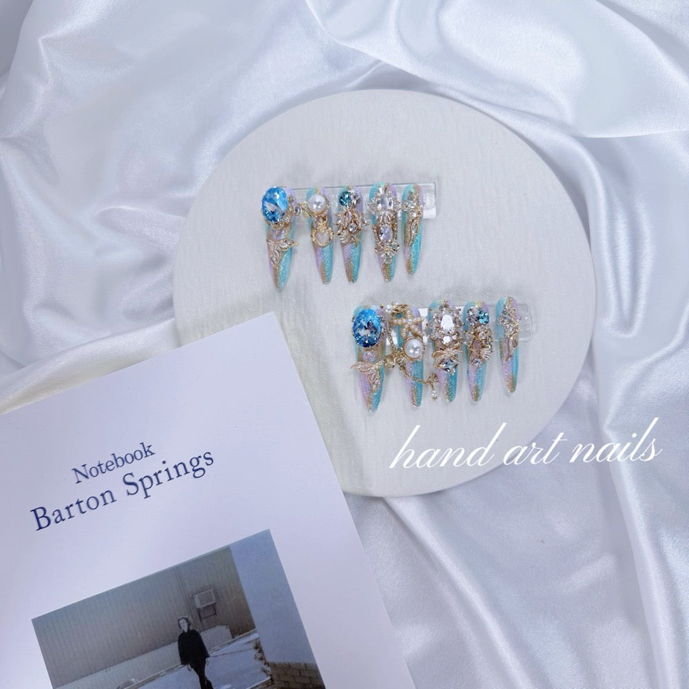 Crystal Aqua Garden Handmade Press On Nails