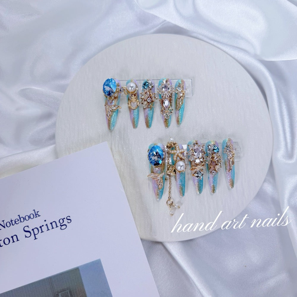 Crystal Aqua Garden Handmade Press On Nails