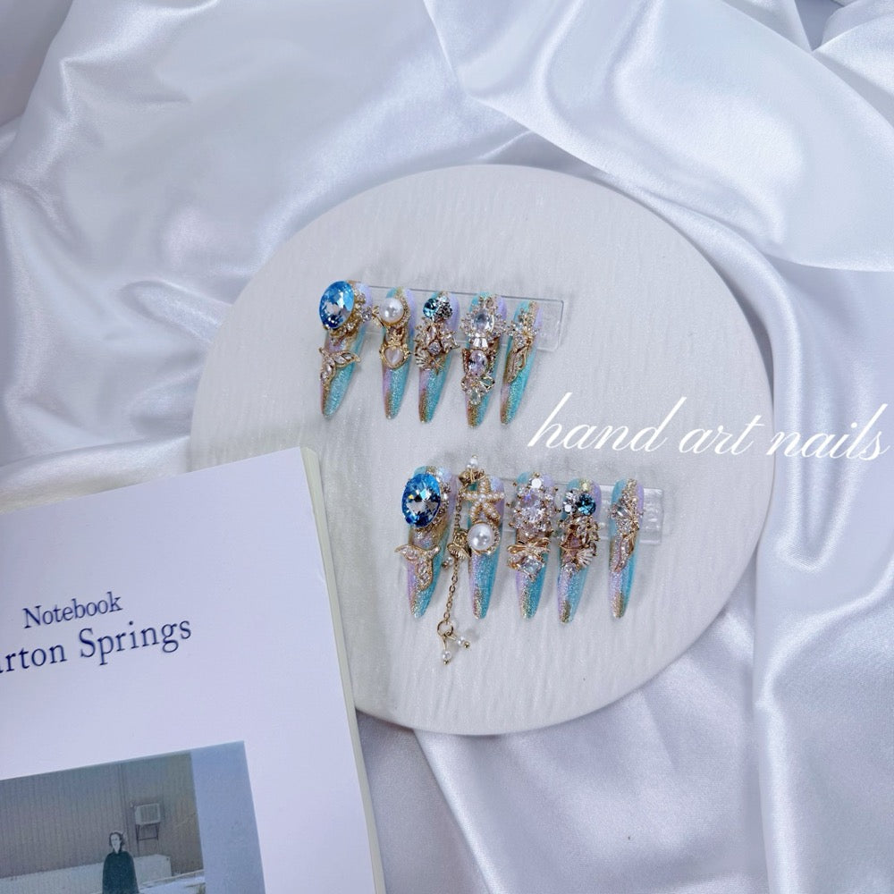 Crystal Aqua Garden Handmade Press On Nails