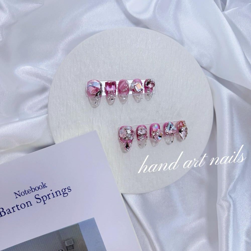 Pink Crystal Romance Handmade Press On Nails