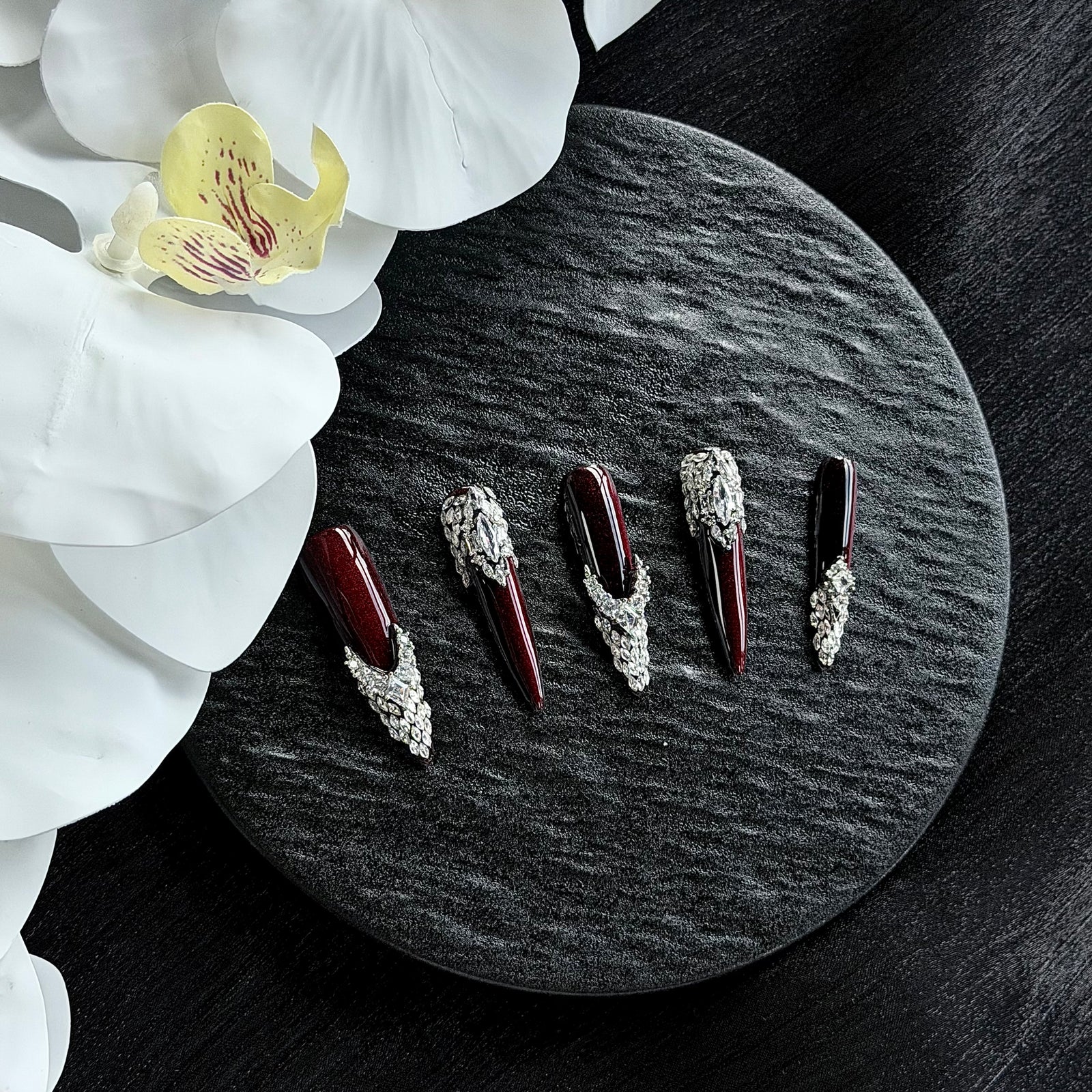 Crystal embellished black press-on nails by HandArtNails