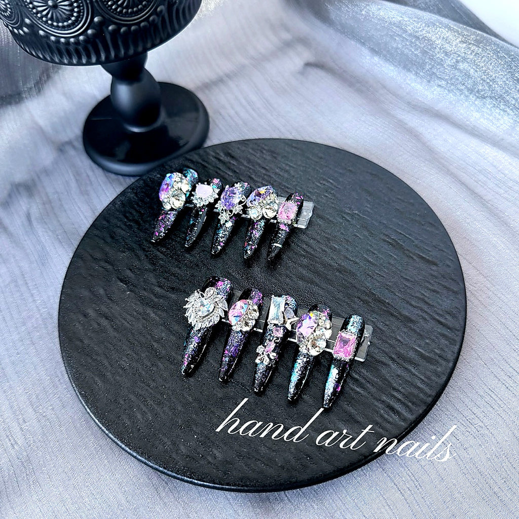 Black and Purple Sparkling Rhinestone Handmade Long Press-On Nails