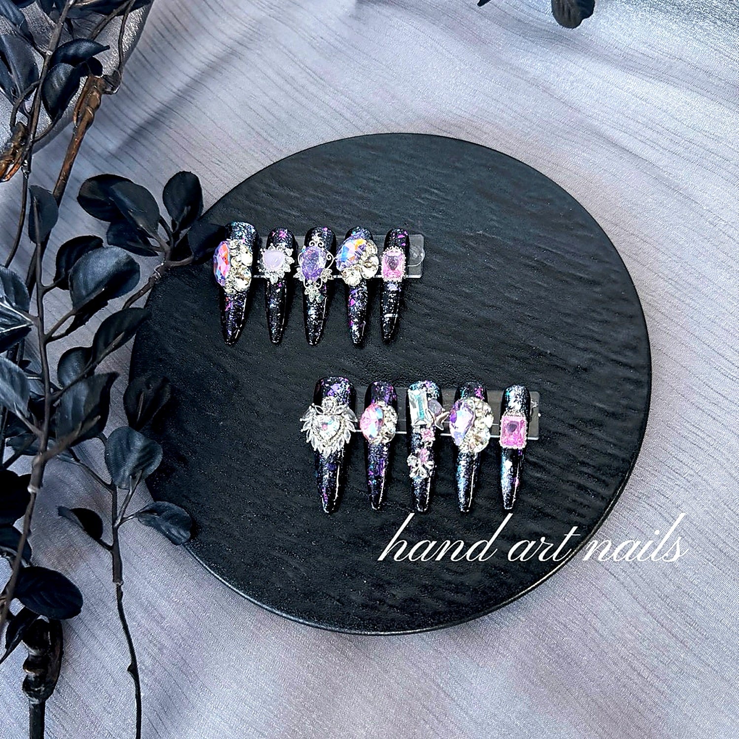 Black and Purple Sparkling Rhinestone Handmade Long Press-On Nails