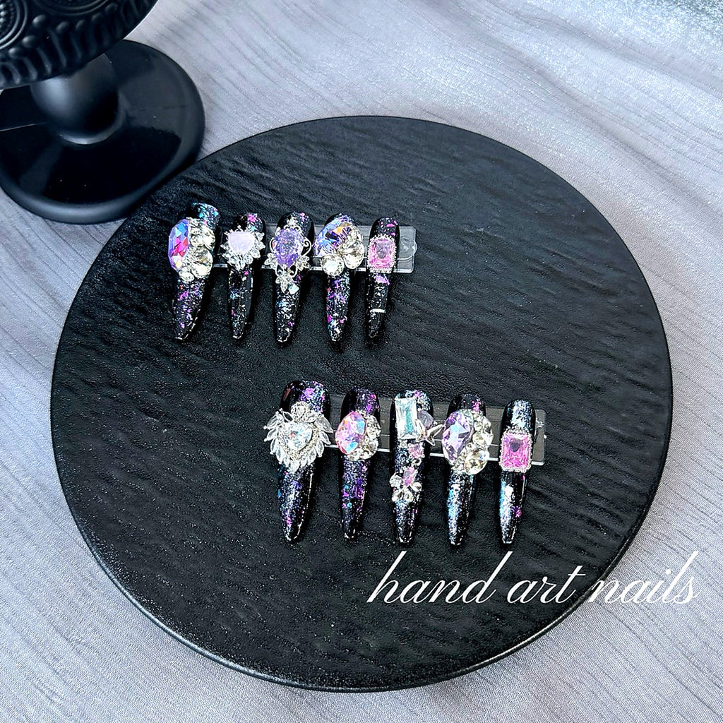 Black and Purple Sparkling Rhinestone Handmade Long Press-On Nails