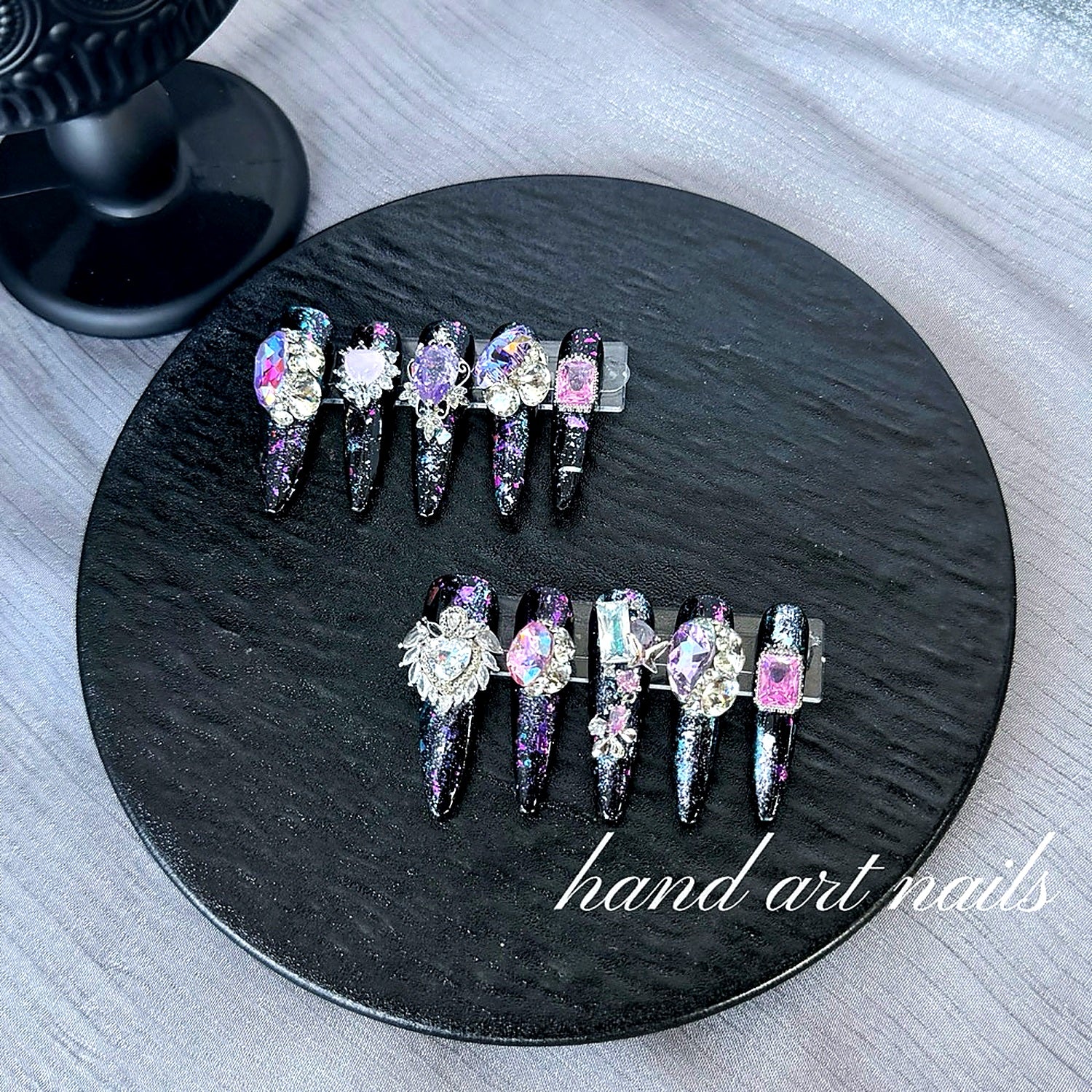 Black and Purple Sparkling Rhinestone Handmade Long Press-On Nails