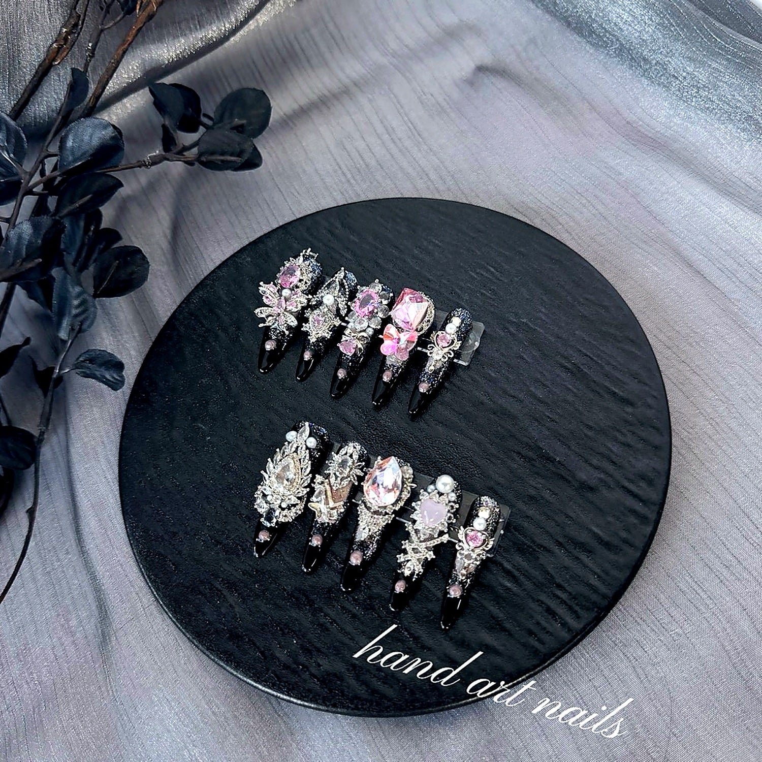 Black Pink Gemstone Handmade Press-On Nails