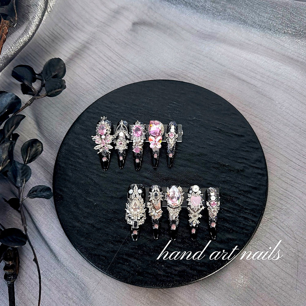 Black Pink Gemstone Handmade Press-On Nails