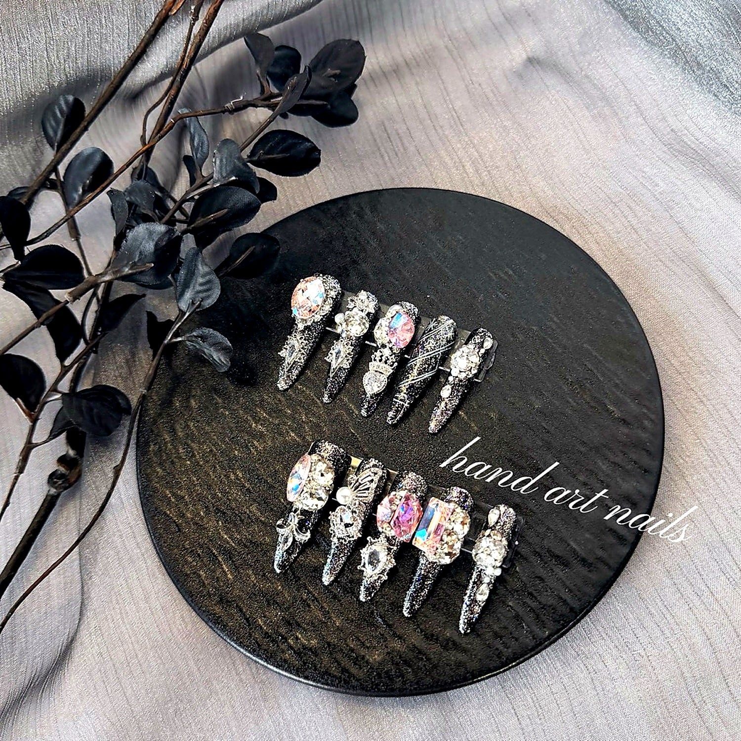 Black Silver Glitter Luxury Crystal Handmade Nail Set