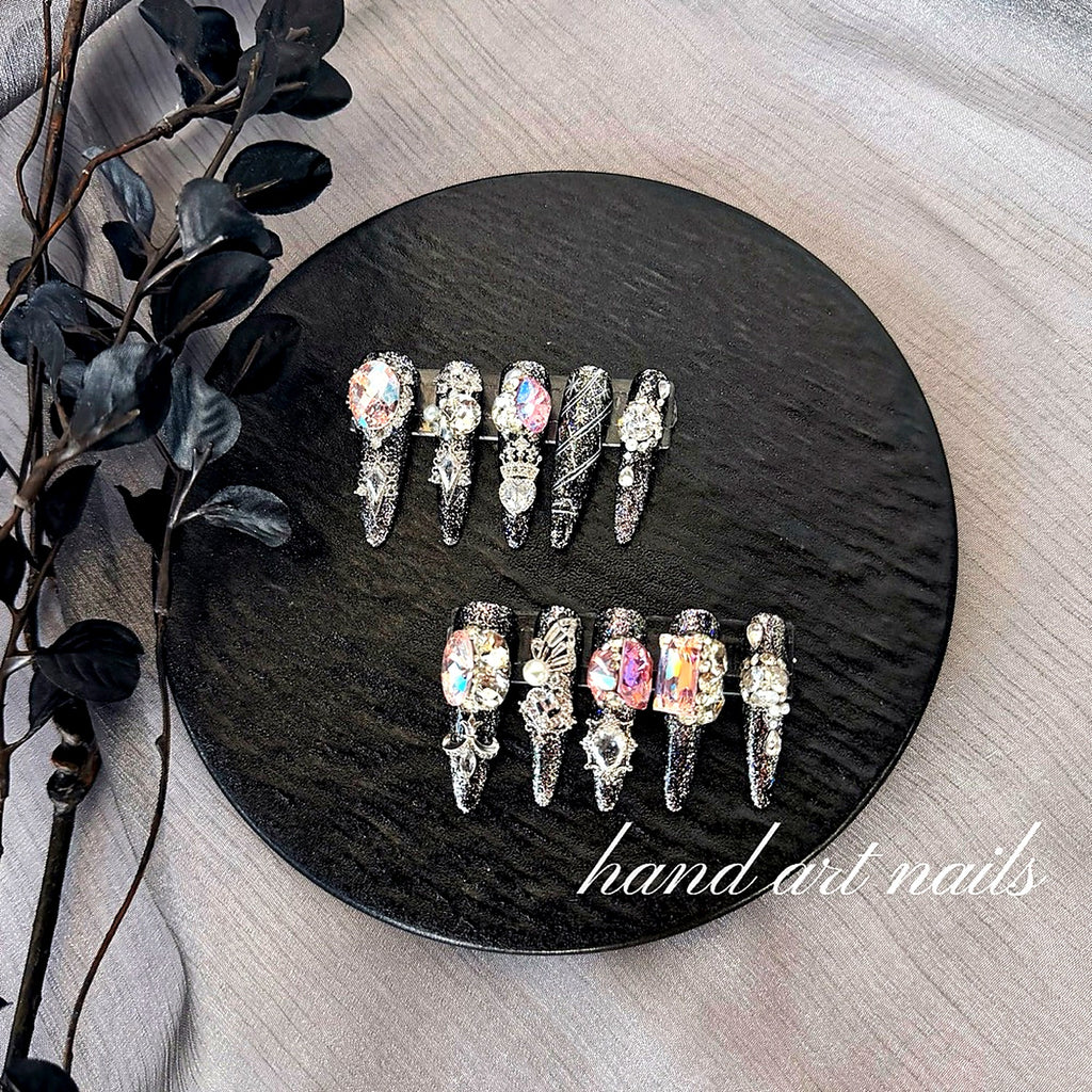 Black Silver Glitter Luxury Crystal Handmade Nail Set