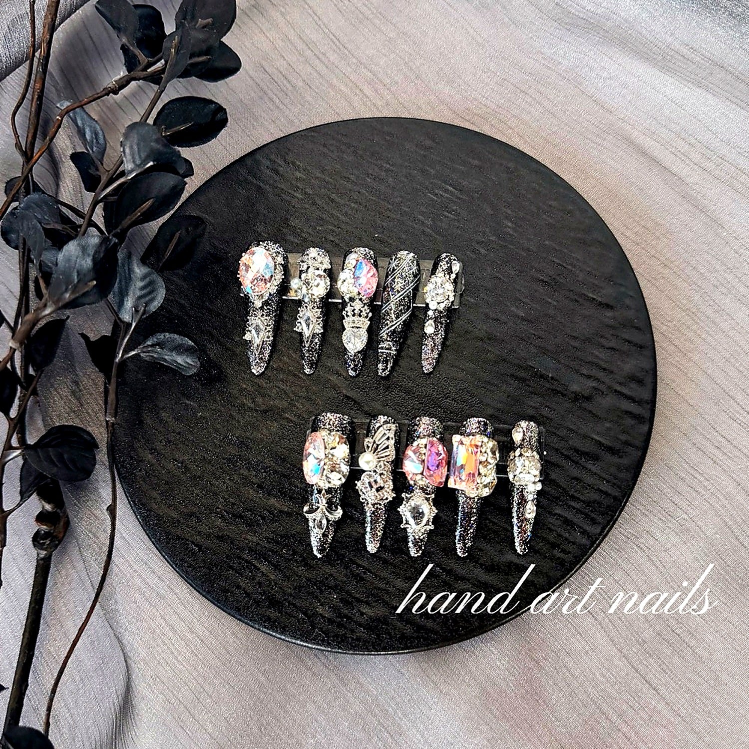 Black Silver Glitter Luxury Crystal Handmade Nail Set