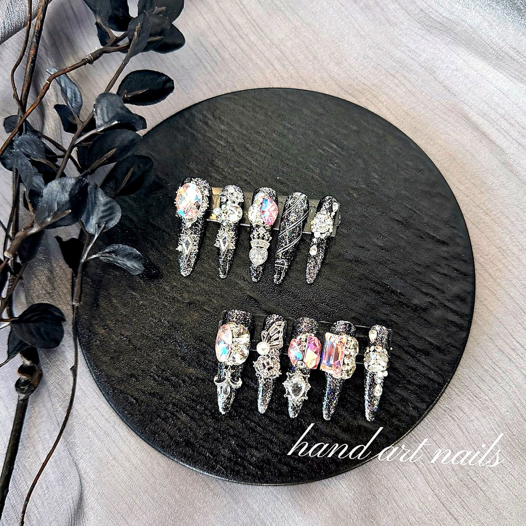 Black Silver Glitter Luxury Crystal Handmade Nail Set