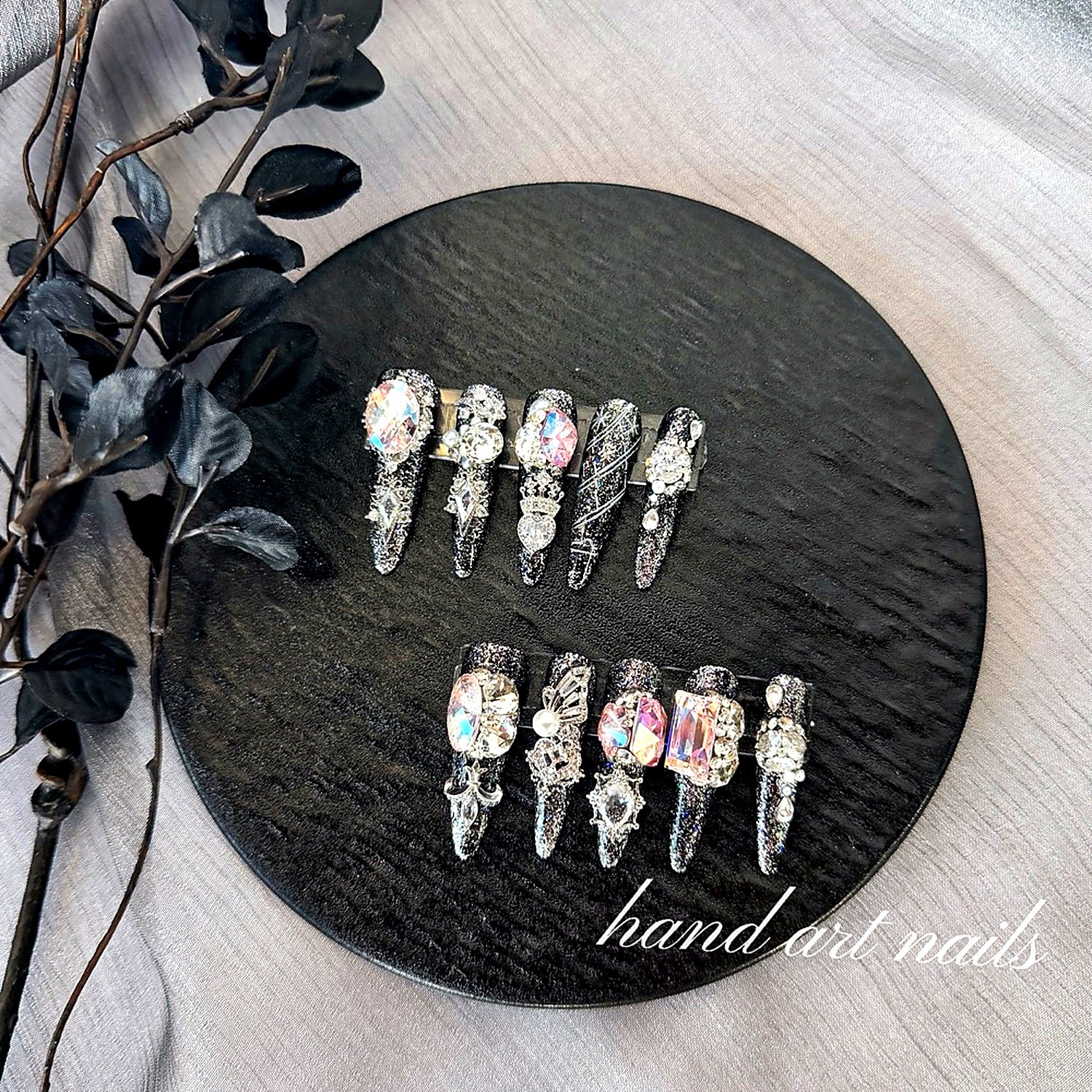 Black Silver Glitter Luxury Crystal Handmade Nail Set