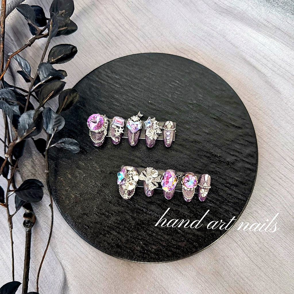 Purple Glitter Handmade Luxury Crystal Embellished Press-On Nails