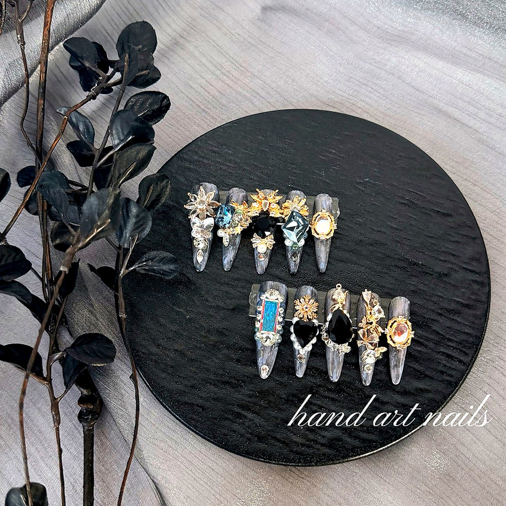 Black Silver Luxury Gemstone Handmade Press-On Nails