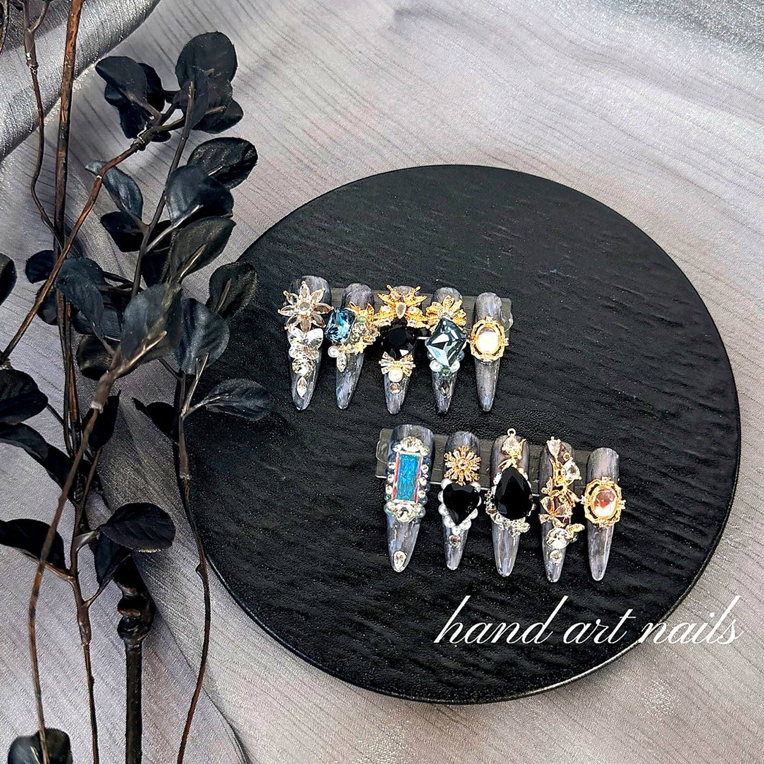 Black Silver Luxury Gemstone Handmade Press-On Nails