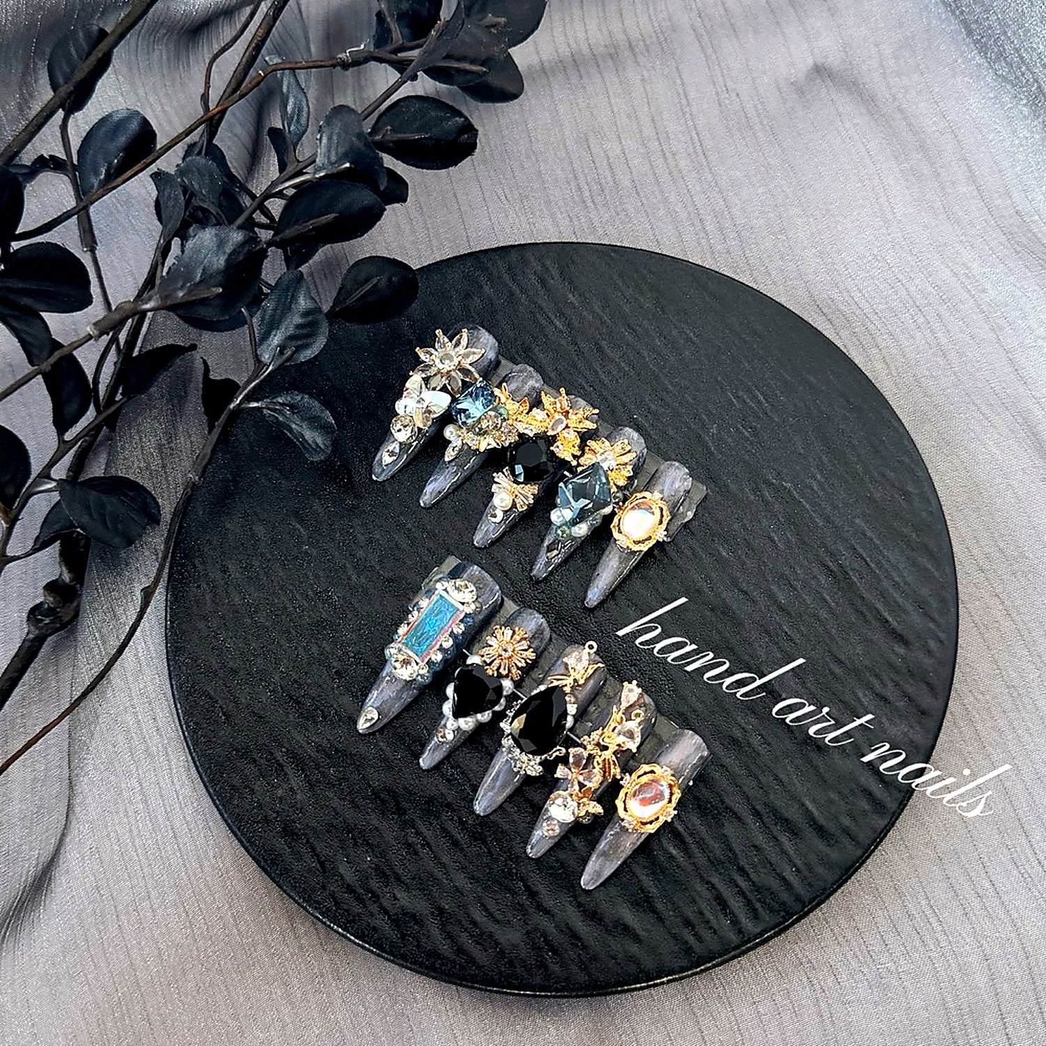 Black Silver Luxury Gemstone Handmade Press-On Nails