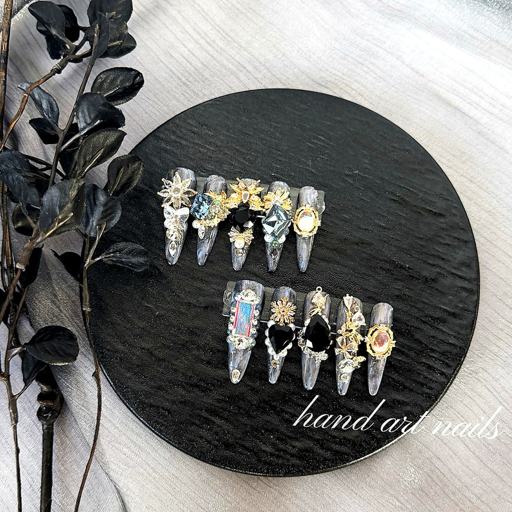 Black Silver Luxury Gemstone Handmade Press-On Nails