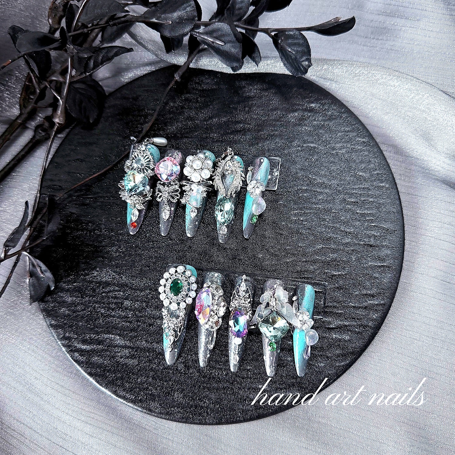 Luxury Green Crystal Handmade Press-On Nails