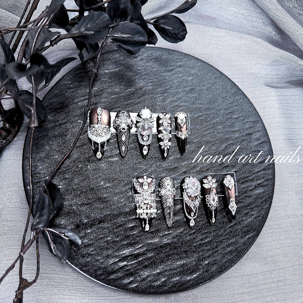 Black and Silver Luxury Handmade Press-On Nails