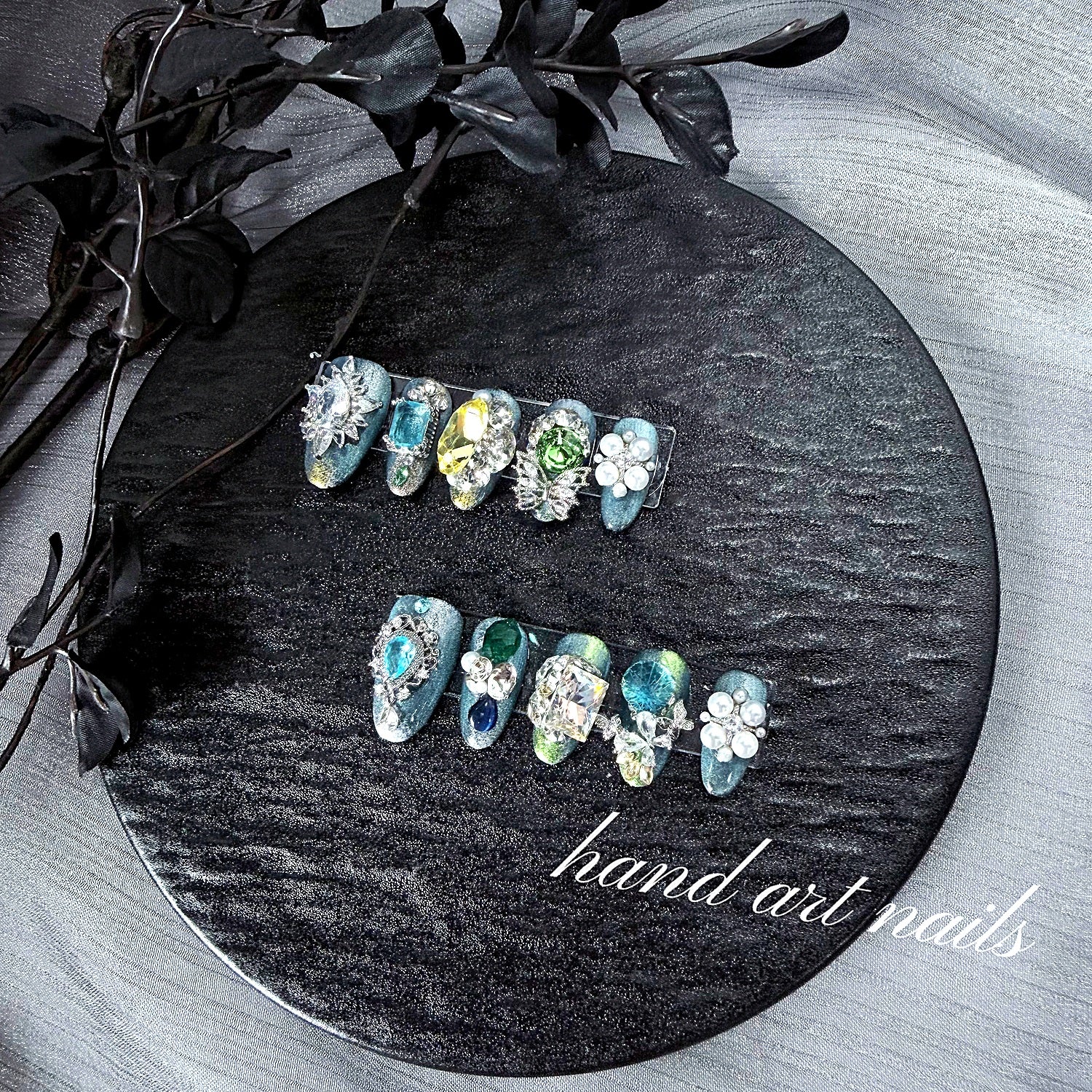 Luxury Blue-Green Gemstone Handmade Press-On Nails