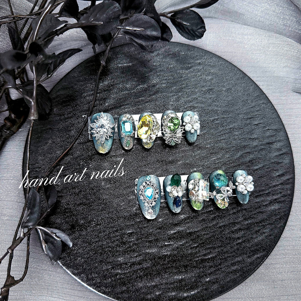 Luxury Blue-Green Gemstone Handmade Press-On Nails
