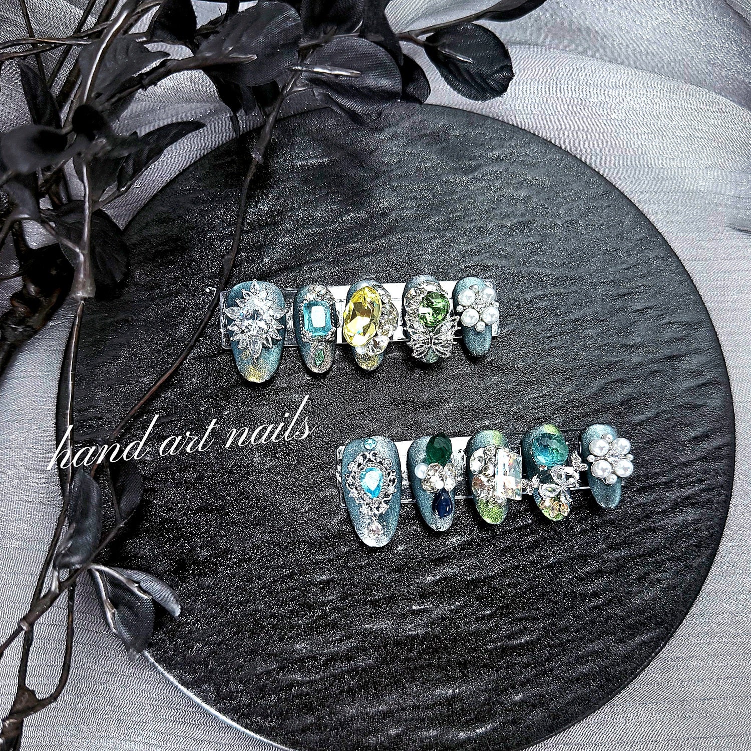 Luxury Blue-Green Gemstone Handmade Press-On Nails