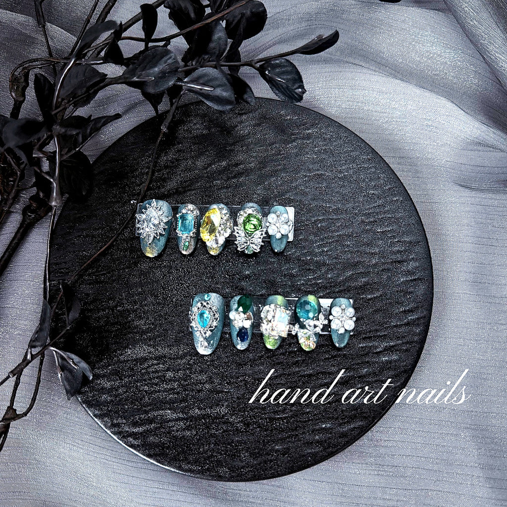 Luxury Blue-Green Gemstone Handmade Press-On Nails