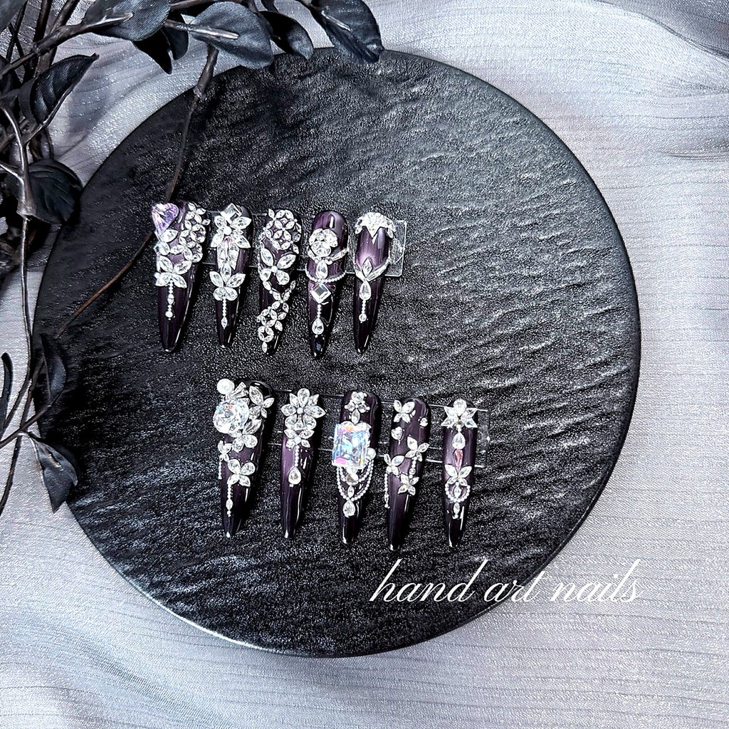 Luxury Handmade Purple Rhinestone Long Press-On Nails