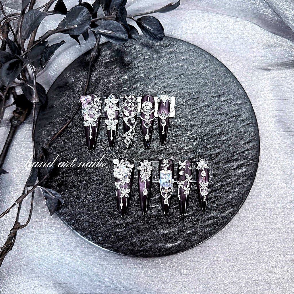 Luxury Handmade Purple Rhinestone Long Press-On Nails