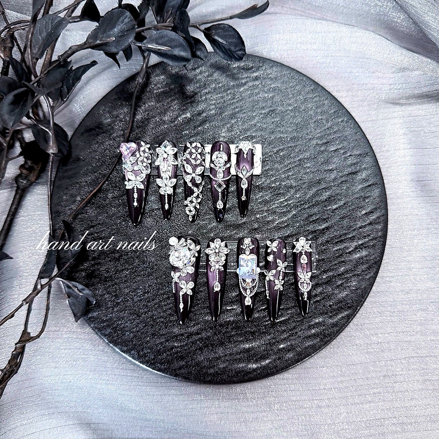 Luxury Handmade Purple Rhinestone Long Press-On Nails