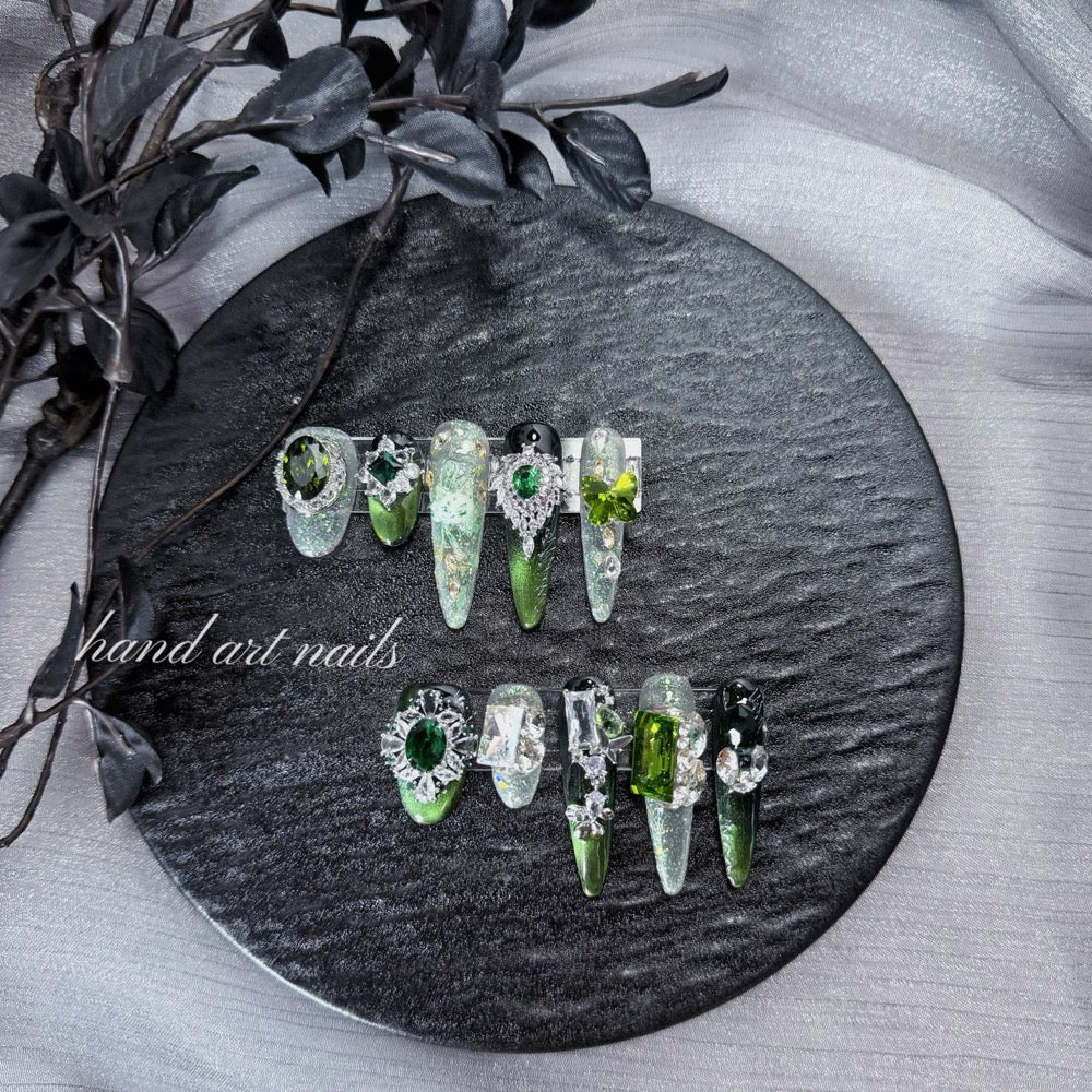 "Emerald Dark Fairy" - 3D Jeweled Gothic Mismatched Press-On Nails