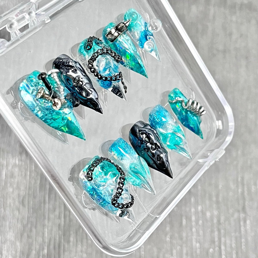 "Cyber Teal Ice" - 3D Heavy Metal Cyberpunk Nails