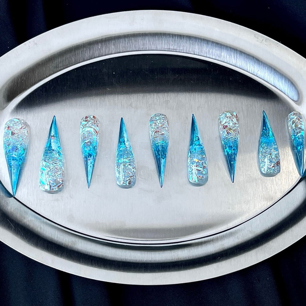 Arctic Shards - Blue Silver Foil Handmade Dragon Press-On Nails